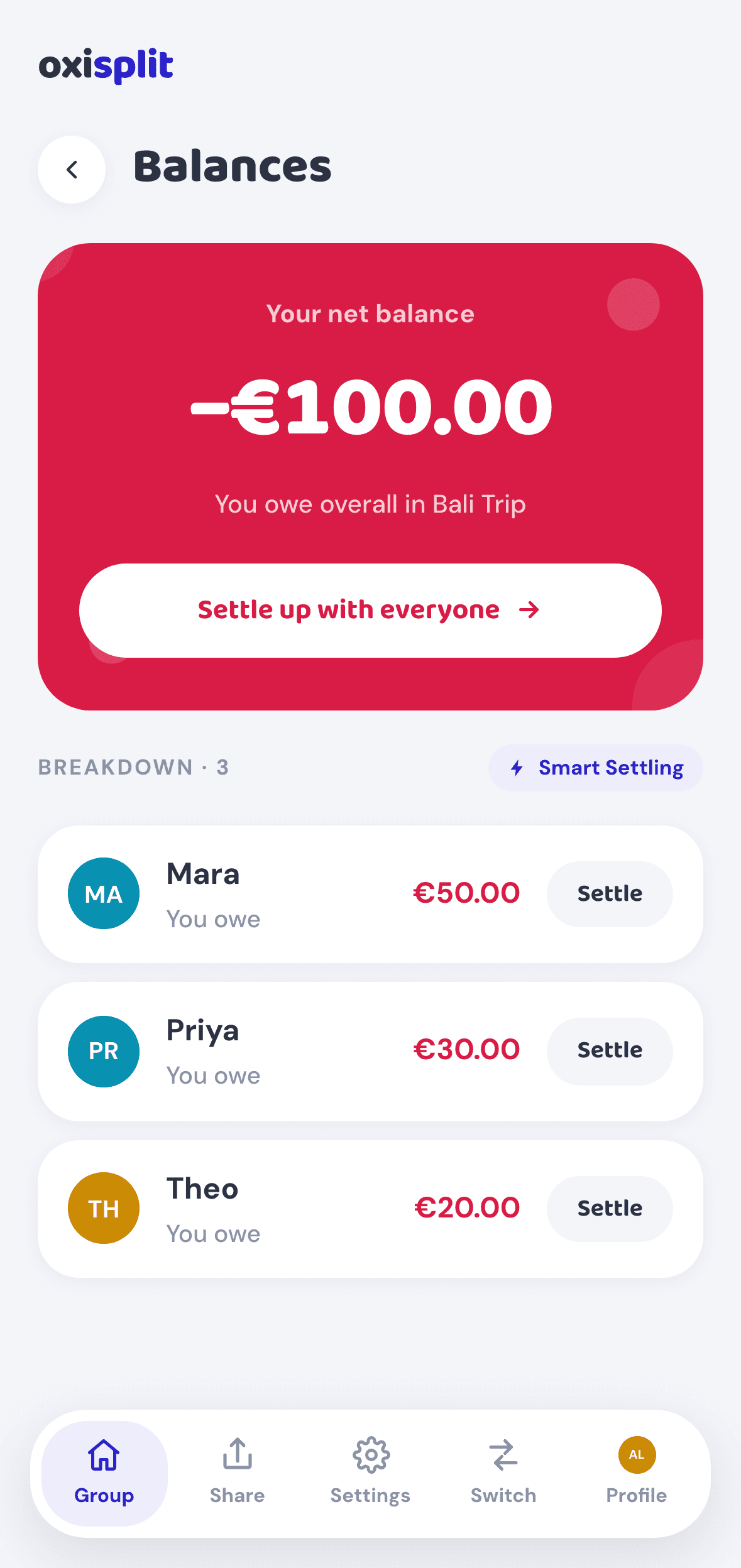 Balances screen with a negative net balance, listing the three people you owe, each with a Settle button