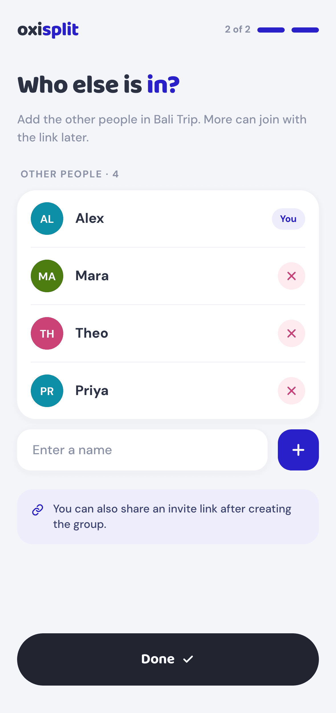 Group setup screen listing the members of a Bali Trip group